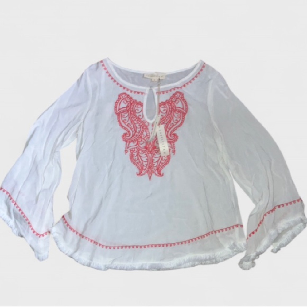 Lovestitch off White Orange Coral Embroidered Blouse Ling Sleeve Womens Sz S NWT